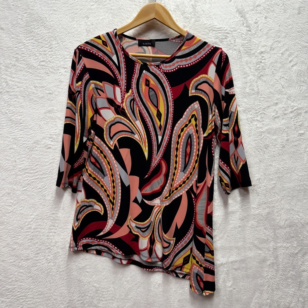 Kaktus Retro Paisley Tunic Top Womens Medium Pink Black Stretch Asymmetrical Hem